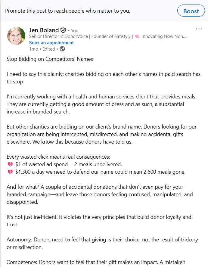 LinkedIn post about nonprofits bidding on each other's branded terms
